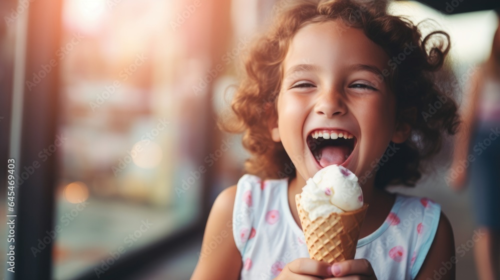 Small child eating a tasty ice cream cone. smiling and joyful. Generative AI Small child eating a tasty ice cream cone. smiling and joyful. Generative AI