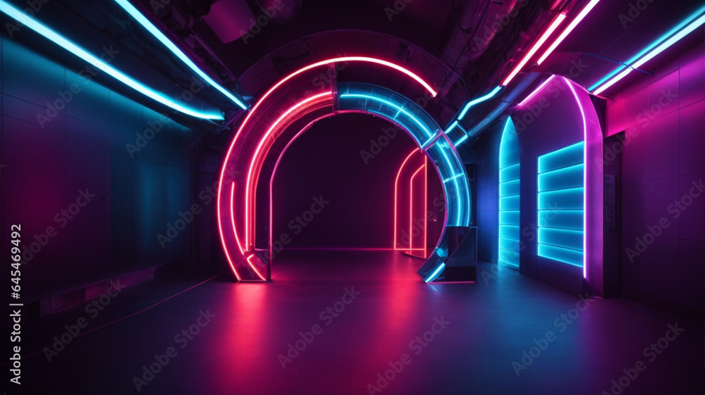3d render. Geometric figure in neon light against a dark tunnel. Laser glow.