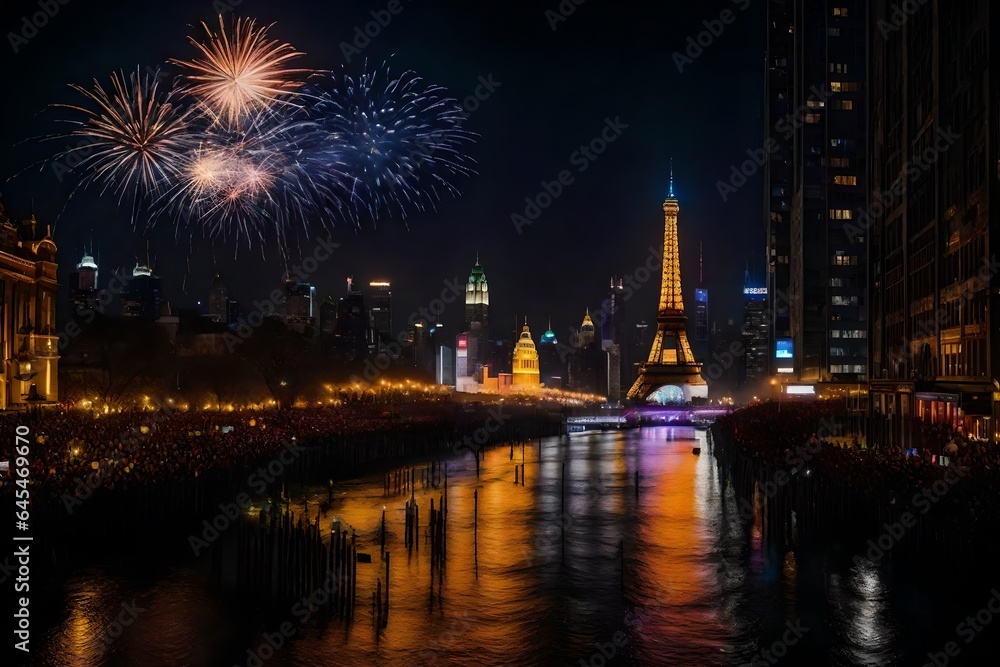 Obraz premium fireworks over the river Generated Ai