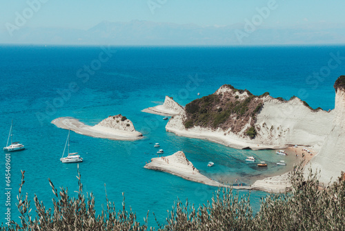 Cape Drastis, beautiful sunny landscape of Akra Drastic, Peroulades village, Corfu island, Greece, with turqoise water and sea beach, Kerkyra, Ionian islands, summer day