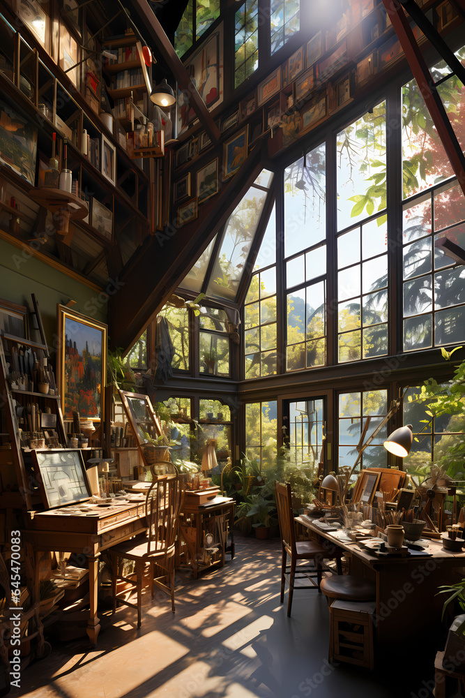 Fototapeta premium A_vintage_art_studio_filled_with_easels_paintbrushes