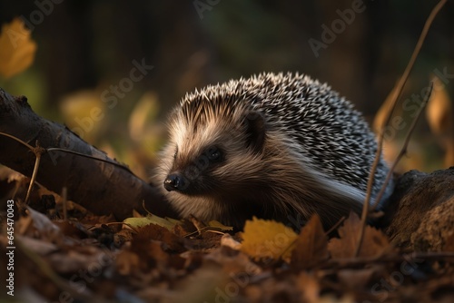 A cute hedgehog exploring the autumn leaves in the forest