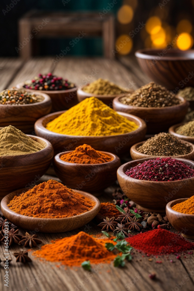 Colorful spices on wooden table Colorful spices on wooden table