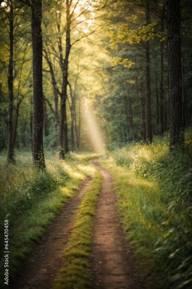 Road in dark forest, sunlight, lush greenery and grass