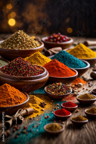 Colorful spices on wooden table