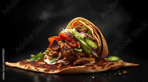 Shawarma sandwich gyro- fresh roll of thin lavash (pita bread) filled with grilled meatcheese, cabbage, carrots, sauce, green. On dark black background