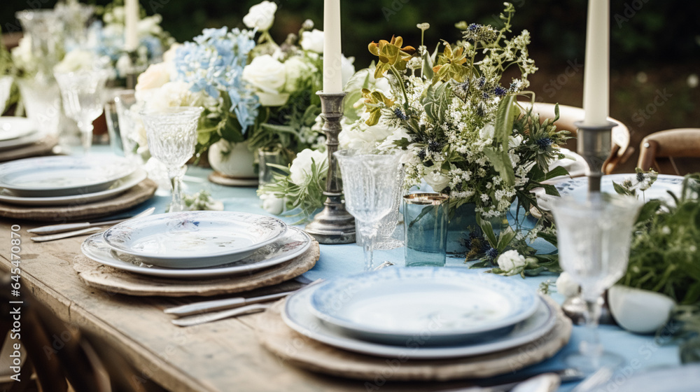 Fototapeta premium Table decor, holiday tablescape and dinner table setting in countryside garden, formal event decoration for wedding, family celebration, English country and home styling