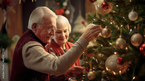 Christmas Traditions: Capturing the Heartwarming Scene of an Elderly Couple Decorating a Christmas Tree, Continuing Beloved Holiday Customs.
