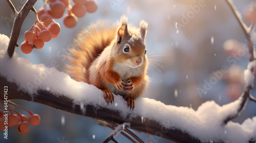 Red squirrel on the background of a winter, snowy forest with bokeh and copy space. Wild animals in winter. Christmas card. photo