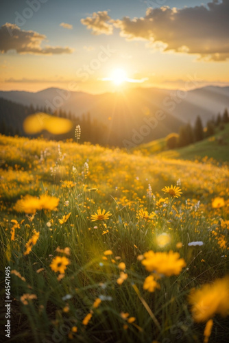 Beautiful sunrise in the mountain, Meadow landscape refreshment with sunray and golden bokeh.