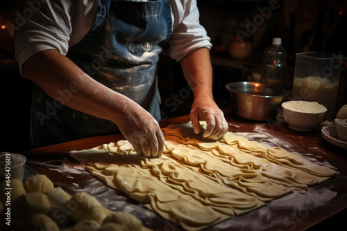 A person skillfully using a pasta maker to create homemade pasta sheets, reflecting the artistry of traditional cooking methods. Generative Ai.