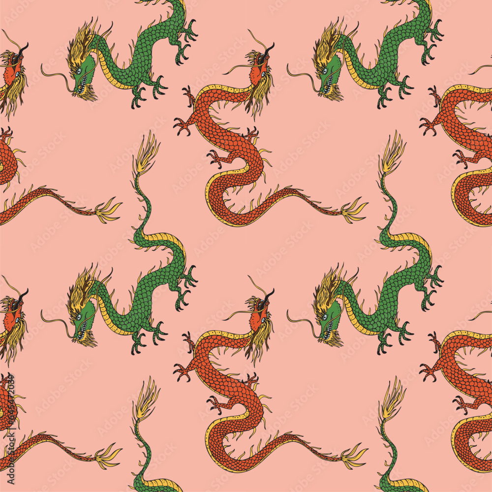 Dragons seamless pattern repeating background east ornament. Hand drawn animals vector illustration, decorative asian element for print, textile,wrapping, poster, template, card, packaging, design Dragons seamless pattern repeating background east ornament. Hand drawn animals vector illustration, decorative asian element for print, textile,wrapping, poster, template, card, packaging, design