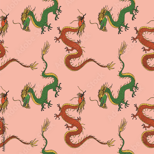 Dragons seamless pattern repeating background east ornament. Hand drawn animals vector illustration, decorative asian element for print, textile,wrapping, poster, template, card, packaging, design