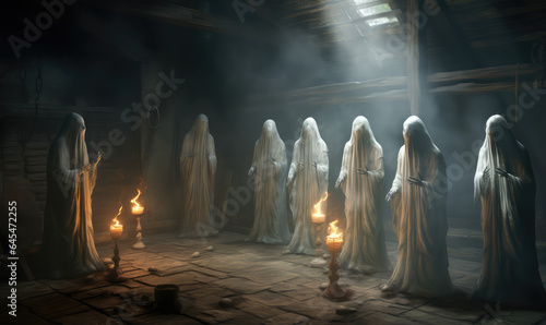 Classic ghosts covered with sheet in horror night halloween concept for Day of the Dead.