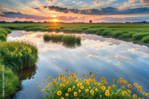 Scenic sunset reflection over green meadow with yellow blooming flower in the foreground photo