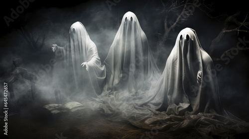 Fabric ghosts with white sheet and pierced dark eyes halloween concept for day of the dead. © Bnetto