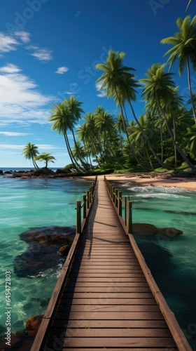 Tropical beach bay with palm trees, wooden pier, and calm blue waters.