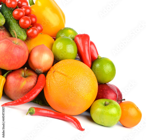 Multi-colored and appetizing fruits and vegetables useful for health isolated on white