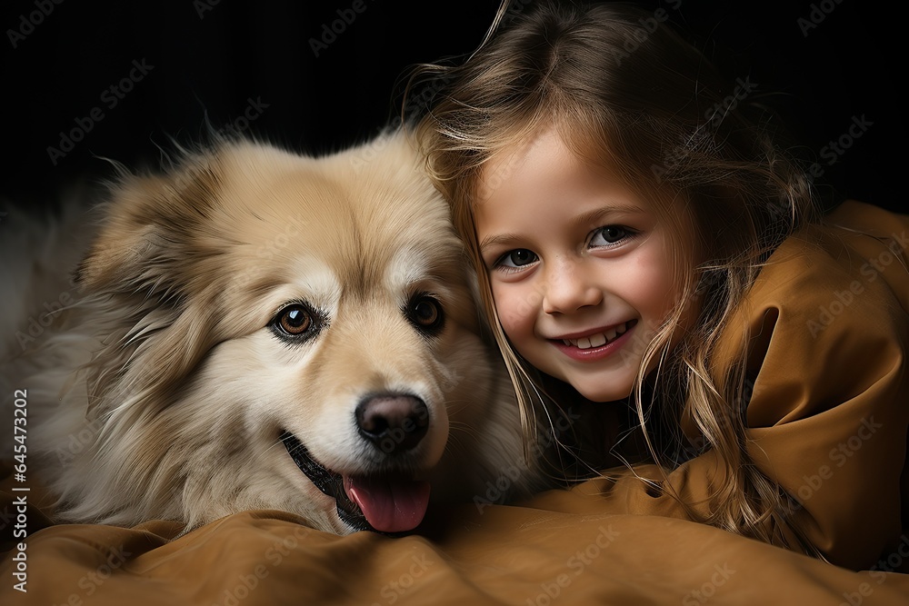 Portrait of a little girl with her dog. AI generated
