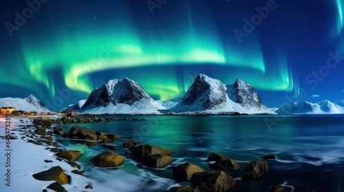 Aurora borealis over the ocean blanketed mountains and city lights at night Northern lights in Lofoten islands Norway Starry sky with polar lights Winter scene with aurora reflection sandy shoreline