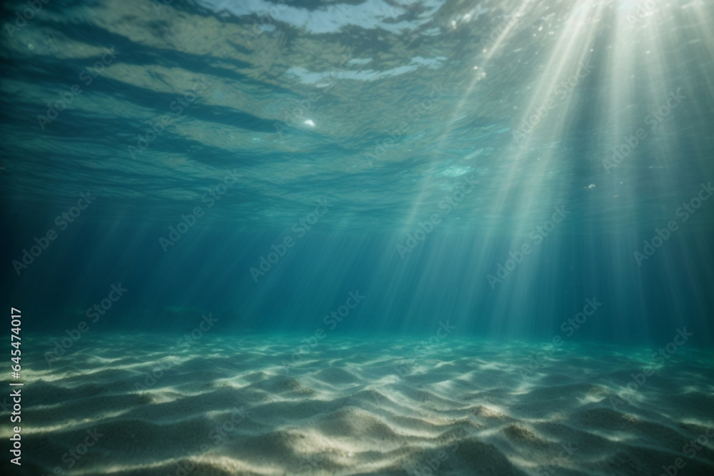 underwater background deep blue sea and beautiful light rays with sandy floor