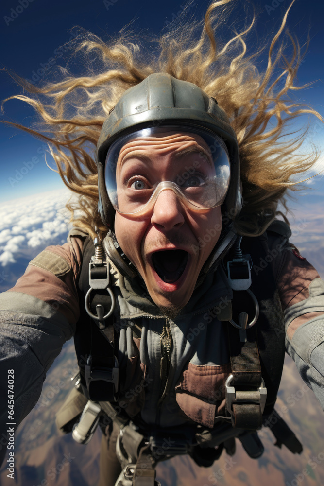Skydiver emotions until opening the parachute. Generative AI Skydiver emotions until opening the parachute. Generative AI