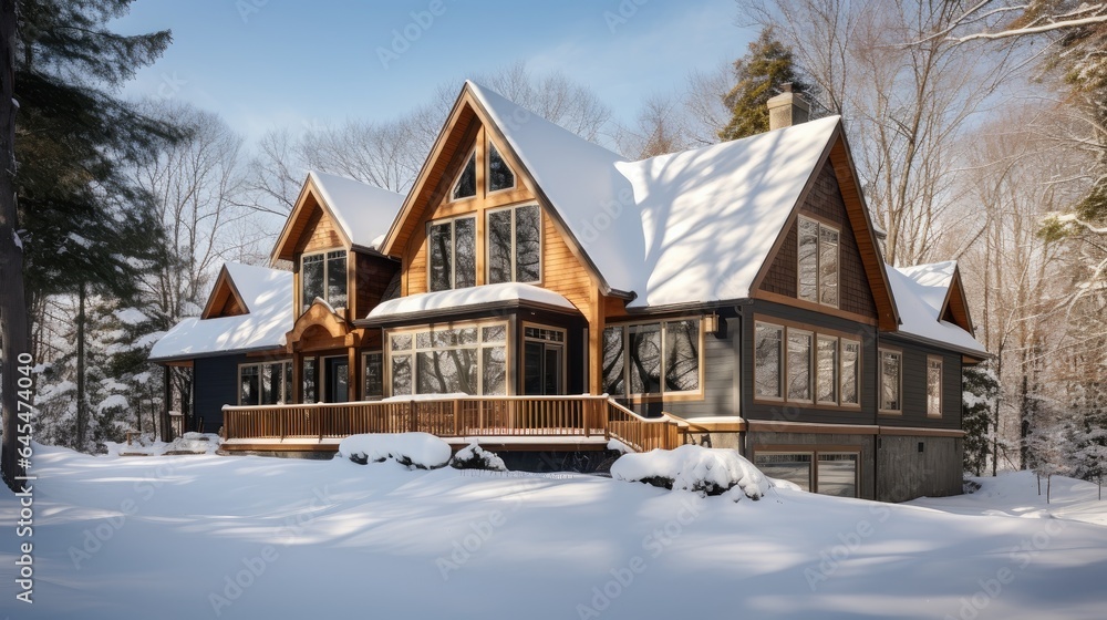 winter home nestled in the woods after a fresh snowfall on a sunny day. winter home nestled in the woods after a fresh snowfall on a sunny day.