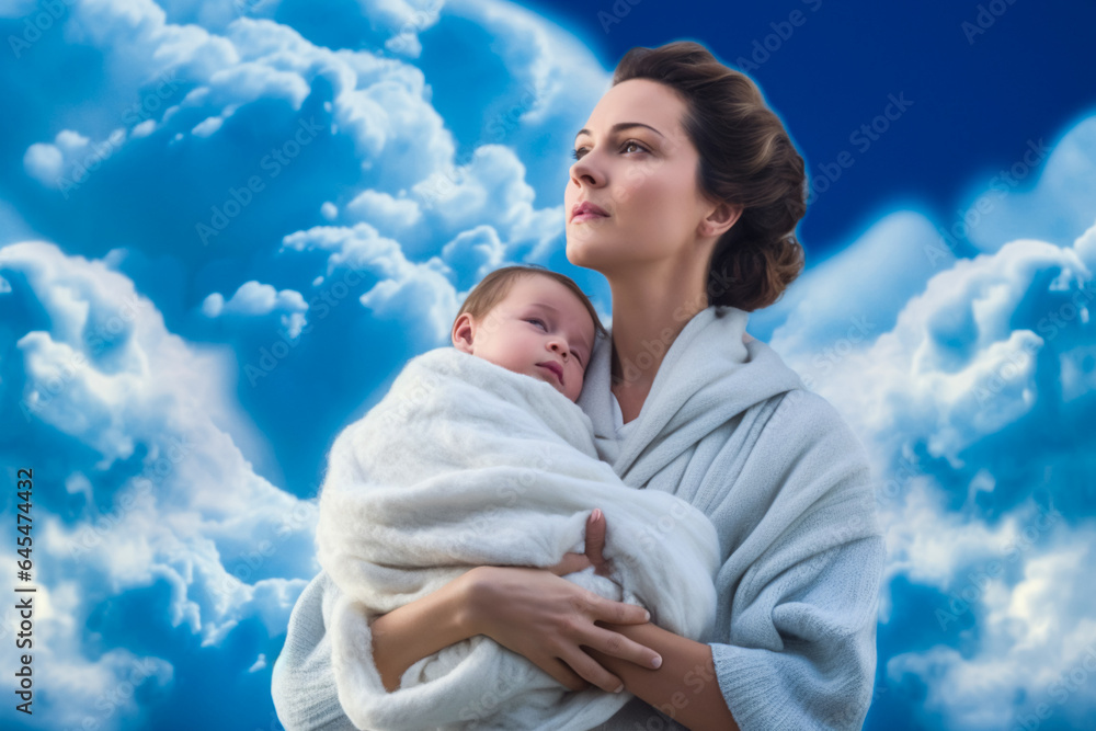 realistic blue sky with cloud composition that looks like a portrait of a woman with baby in her arms