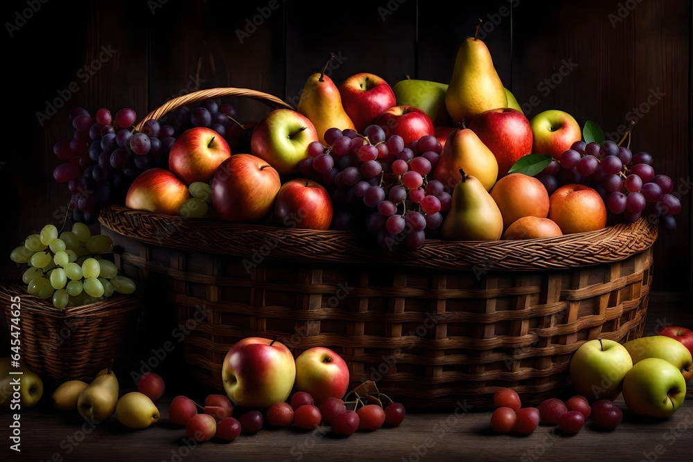 a hyper-realistic image of a rustic wooden basket filled with a variety of fruits such as apples, pears, and grapes - AI Generative a hyper-realistic image of a rustic wooden basket filled with a variety of fruits such as apples, pears, and grapes - AI Generative