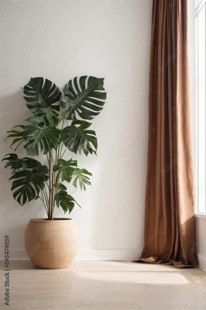 Fototapeta premium Plant against a white wall mockup. White wall mockup with brown curtain, plant and wood floor. 3D illustration.