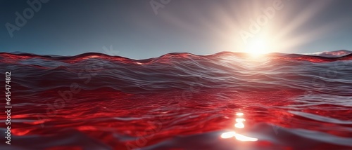 Blue sky and sea with sunlight streaming through the red water
