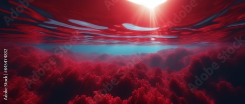 The sea with sunlight filtering through the red water to the densely algae-covered bottom