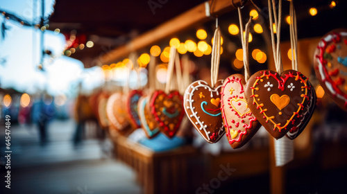 selective focus of traditional gingerbread hearts (Lebkuchenherz) from Oktoberfest in Germany with blurred background