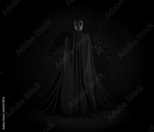 demon angel with black wings on a black background