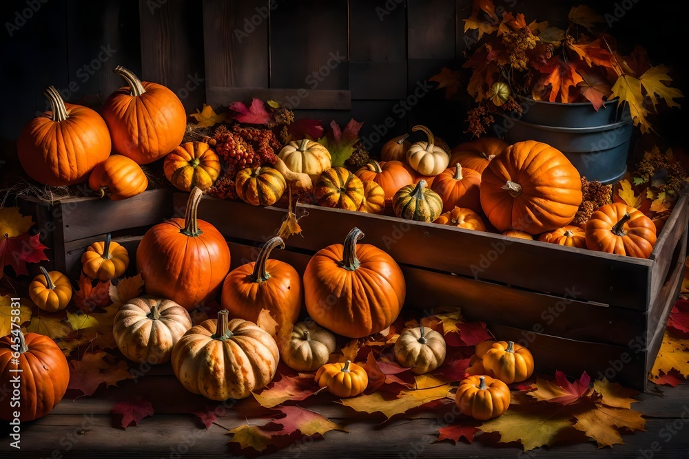 a picturesque scene of an autumn harvest, with a wooden crate overflowing with pumpkins, gourds, and colorful fall leaves - AI Generative a picturesque scene of an autumn harvest, with a wooden crate overflowing with pumpkins, gourds, and colorful fall leaves - AI Generative