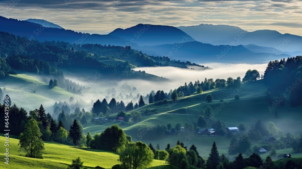 image capturing the dynamic interplay of rain and sun through the clouds over the lush, fog-covered Carpathian mountain hills during a summer evening.