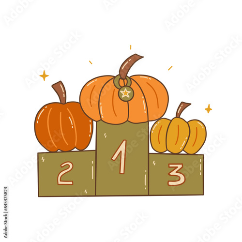 Best pumpkin competition. Three pumpkins on pedestal. Prize distribution. Farm Harvest. Autumn vegetable. Medal for large size. Colorful vector isolated illustration with outline hand drawn