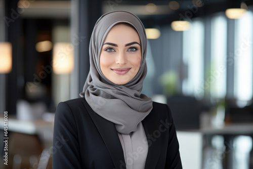 Confident Corporate Executive: Closeup Portrait of a Muslim Woman in Business. Copy Space. Leadership in Corporate World
