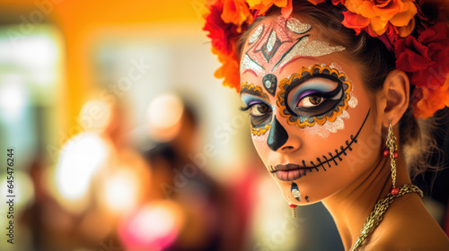 Beautiful woman with Mexican skulls makeup on her face and dressed for Day of the Dead in Mexico. © Bnetto