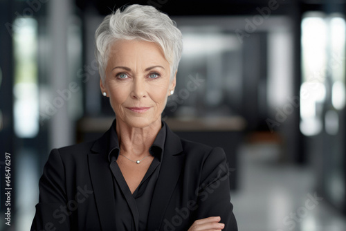 Confident Corporate Leader  Closeup Portrait of a Confident Old Woman in a Corporate Setting.