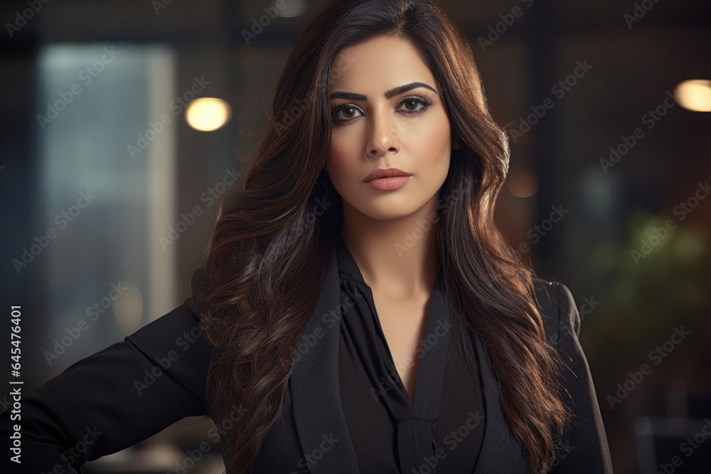 Portrait of an Ambitious Pakistani Business Woman Leader in a Corporate Setting with space to text. copy space. Confident Indian Corporate Executive: Leading with Determination, Vision, Confidence Portrait of an Ambitious Pakistani Business Woman Leader in a Corporate Setting with space to text. copy space. Confident Indian Corporate Executive: Leading with Determination, Vision, Confidence