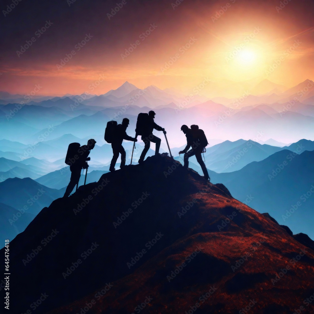 Illustration: Silhouettes of hikers helping each other climb to the top, concept of helping each other, teamwork. Generative AI
