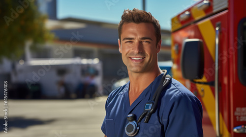 Portrait of male EMS Paramedic Proudly Standing in Front of Camera in High Visibility Medical Uniform. Successful Emergency Medical Technician or Doctor at Work. © PaulShlykov