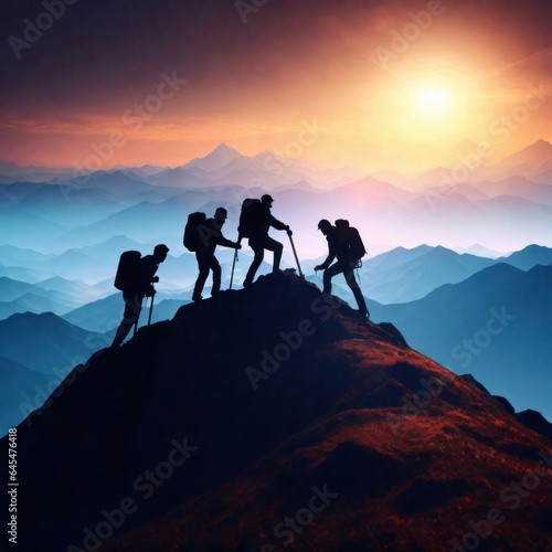 Illustration: Silhouettes of hikers helping each other climb to the top, concept of helping each other, teamwork. Generative AI © 2D_Jungle