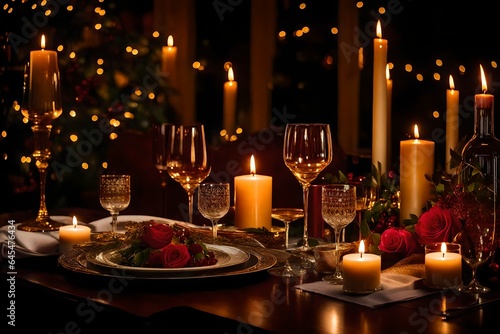 a romantic scene of a candlelit dinner table set with fine china, crystal glasses, and a bottle of wine - AI Generative