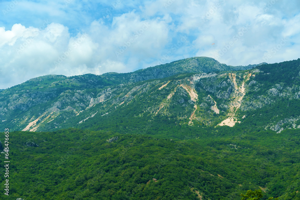 beautiful mountains, summer landscape, clouds, forest on the hillsides beautiful mountains, summer landscape, clouds, forest on the hillsides