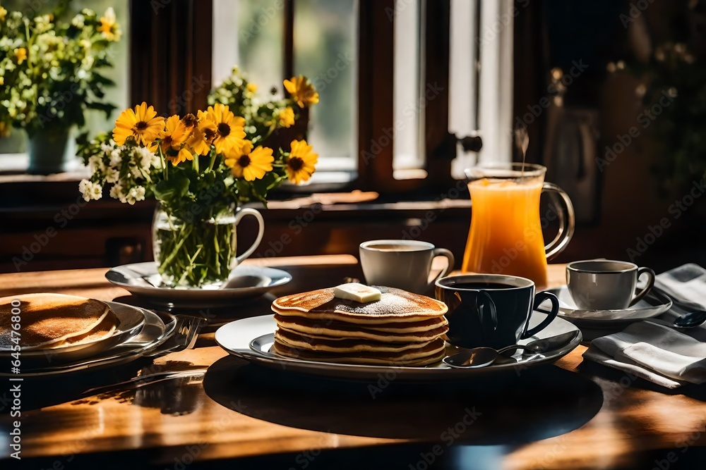 a scene of a sunlit breakfast table with a perfectly set plate of pancakes, a cup of steaming coffee, and a vase of fresh flowers - AI Generative a scene of a sunlit breakfast table with a perfectly set plate of pancakes, a cup of steaming coffee, and a vase of fresh flowers - AI Generative