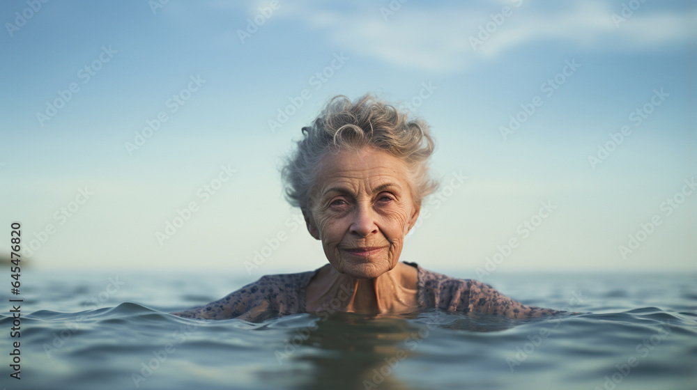 happy active senior woman swimming in lake or river water, healthy lifestyle concept, generative AI