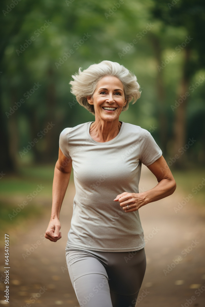 happy senior woman running in park, retired old female jogging at nature, generative AI happy senior woman running in park, retired old female jogging at nature, generative AI