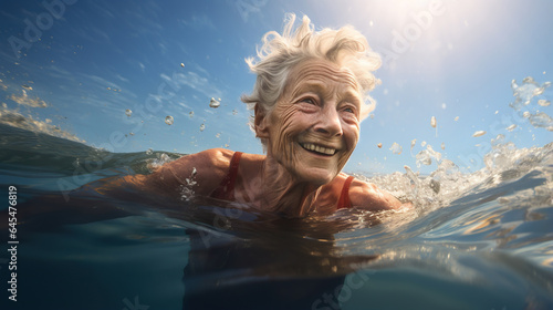 happy active senior woman swimming in lake or river water, healthy lifestyle concept, generative AI © goami